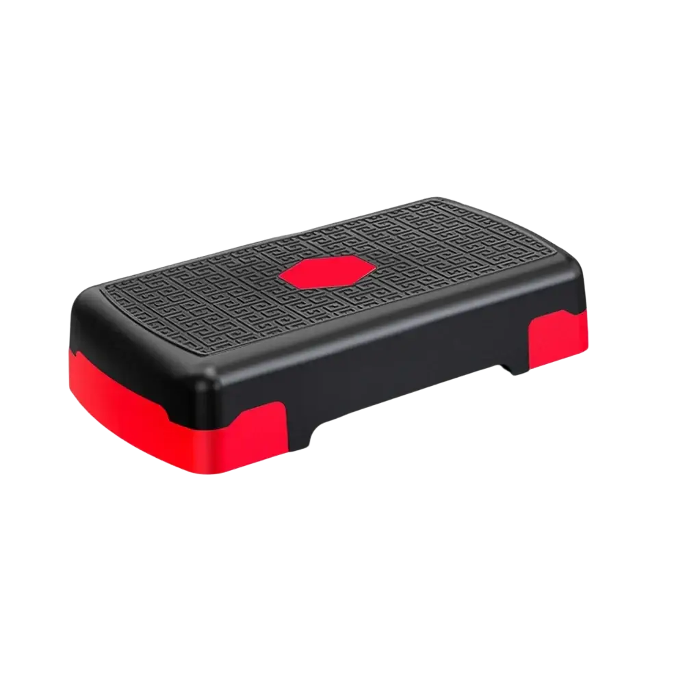 Black and red aerobic stepper platform with textured grip surface for home workout fitness use