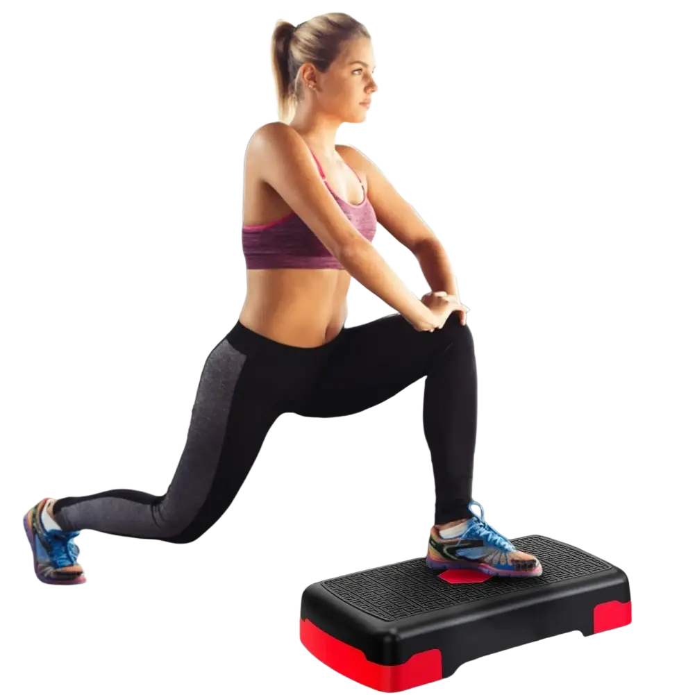 Black and red aerobic stepper platform with textured surface designed for home workout fitness