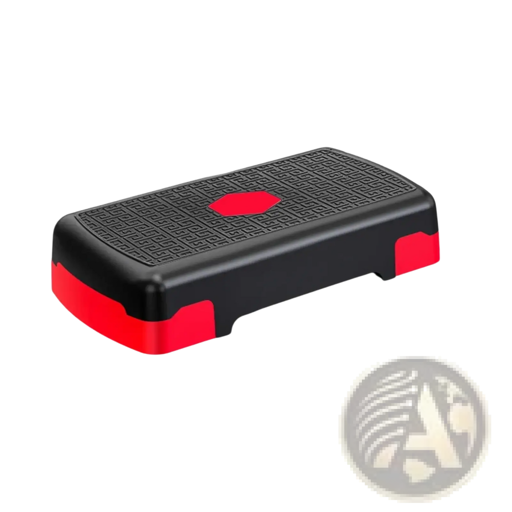 Aerobic stepper platform for home workout fitness with black and red textured grip surface for safety and stability
