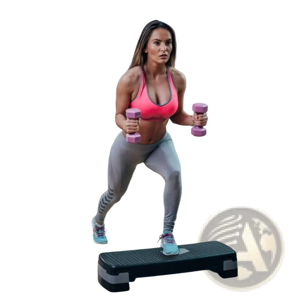 Pink matte finish dumbbells paired with an aerobic stepper platform for home workout fitness use