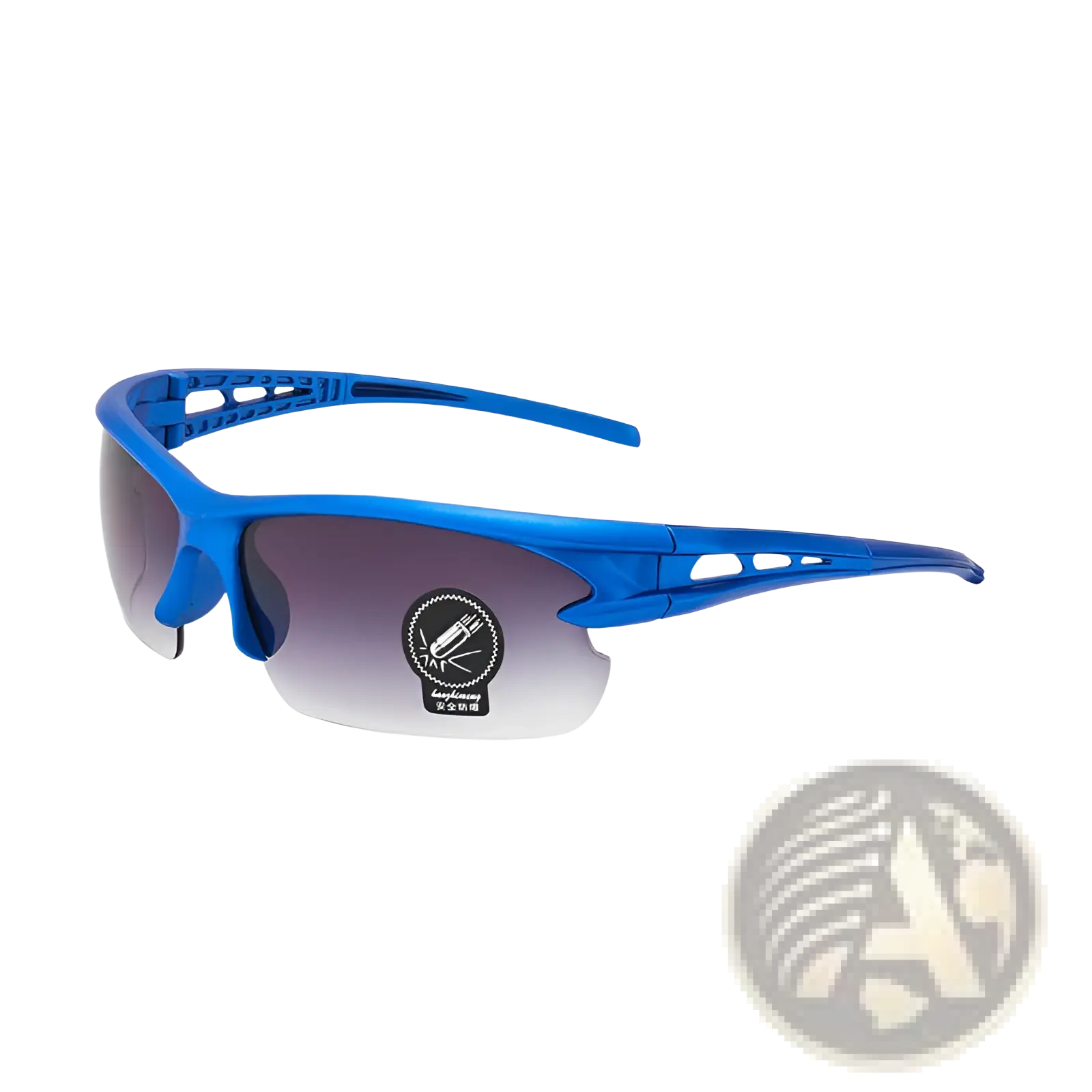 Blue aerodynamic sports sunglasses with high visibility gradient gray lenses and a sleek aerodynamic frame