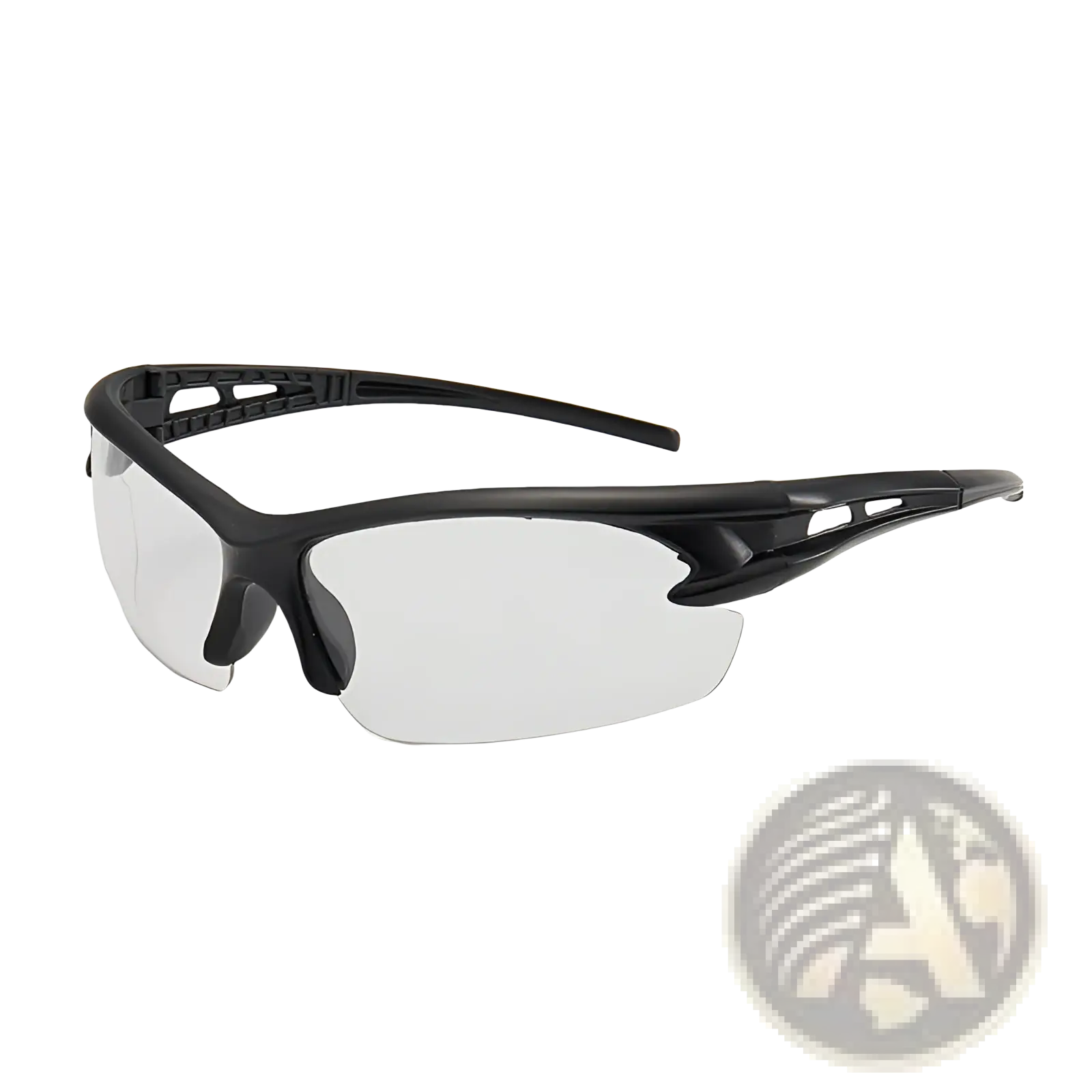 Black sport-style aerodynamic sports sunglasses with clear high visibility lenses for safety and performance use