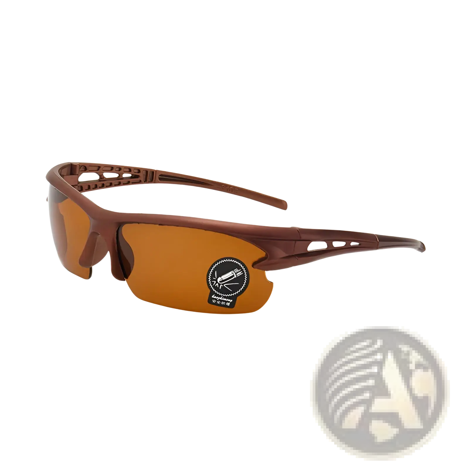 Brown-framed aerodynamic sports sunglasses with amber-tinted high visibility lenses for enhanced performance