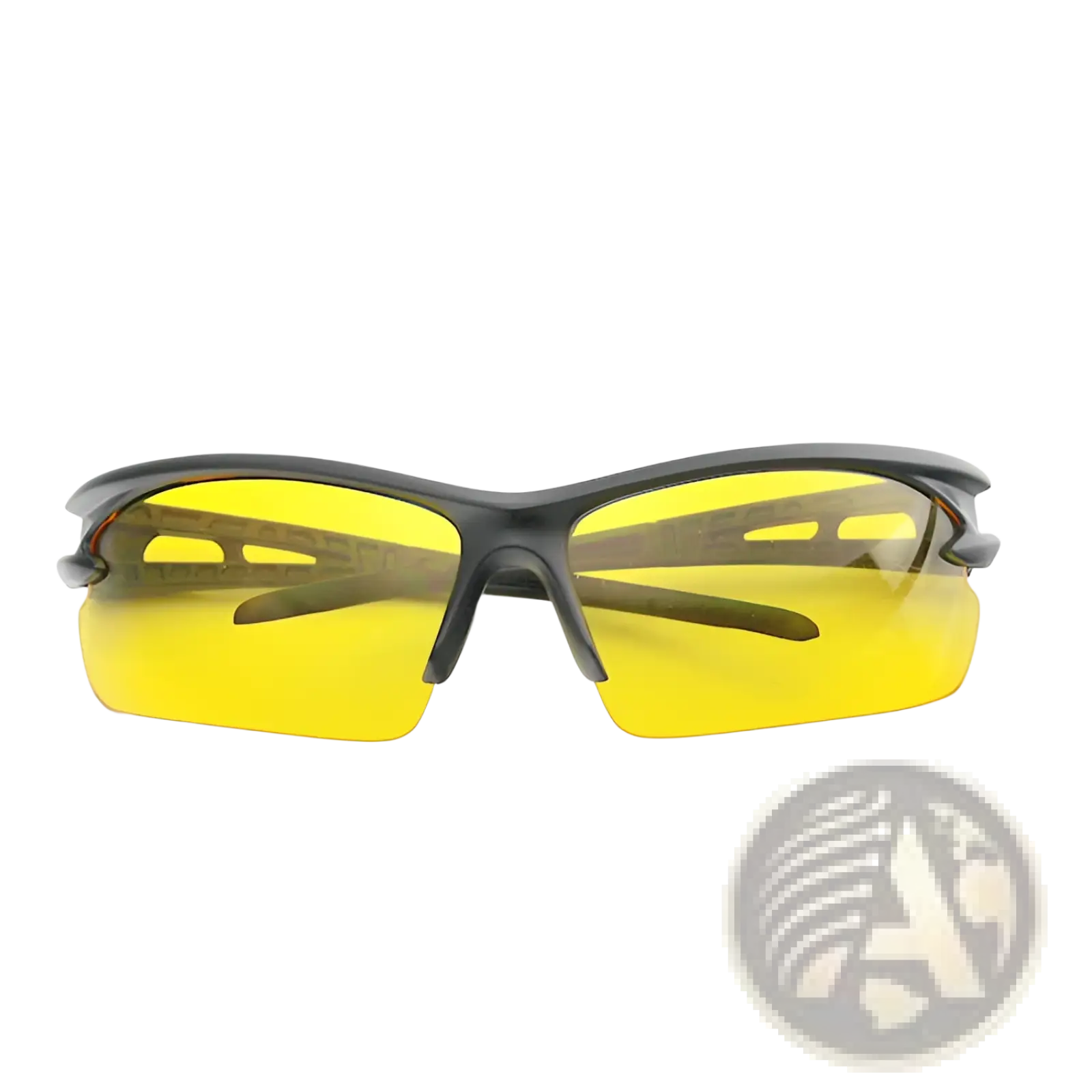 Black-framed aerodynamic sports sunglasses with vibrant yellow high visibility lenses for outdoor activities