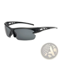 Black aerodynamic sports sunglasses with sleek frames and dark gray gradient high visibility lenses