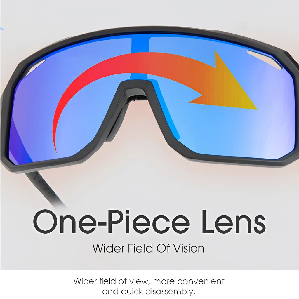 Aerodynamic UV400 sport cycling sunglasses with black frames and blue mirrored lens featuring orange yellow arrow graphic