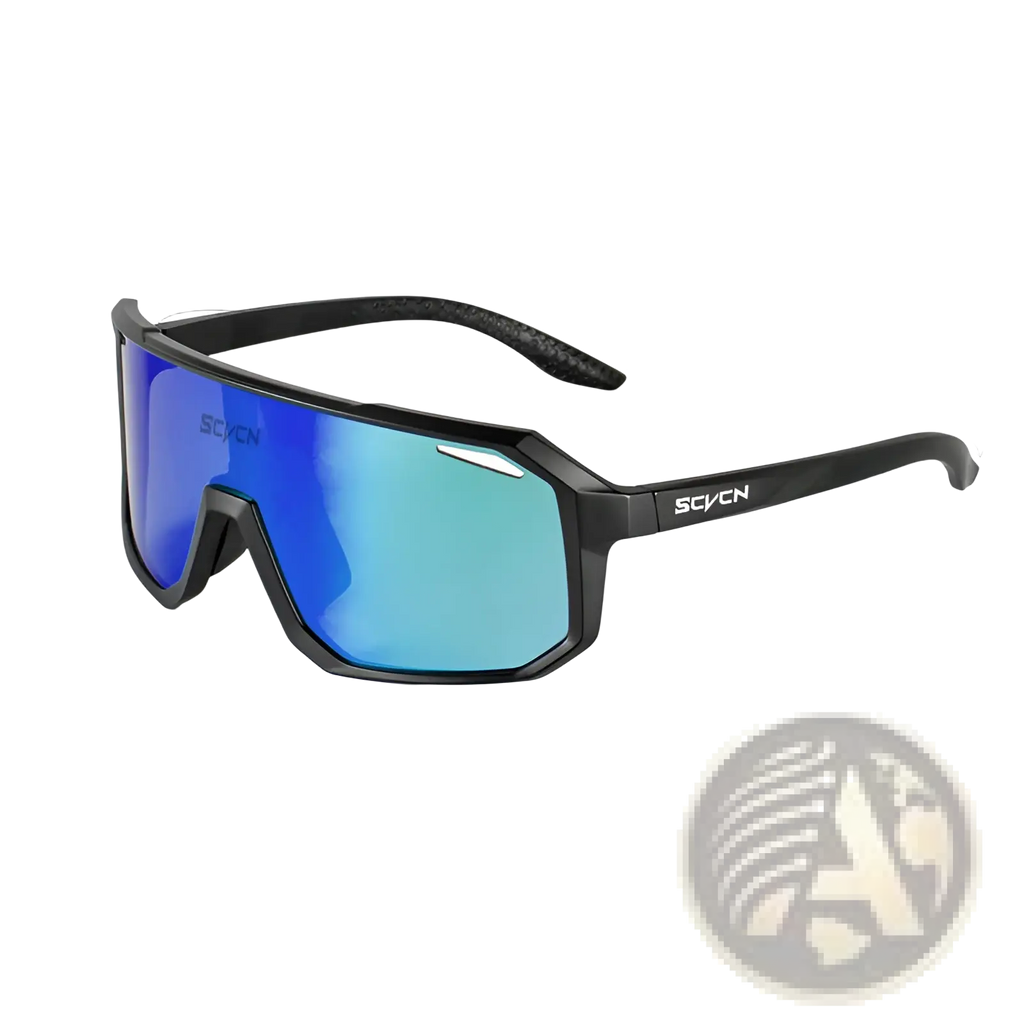 Black scvsn sport sunglasses with gradient blue mirrored uv400 lenses designed for aerodynamic cycling use