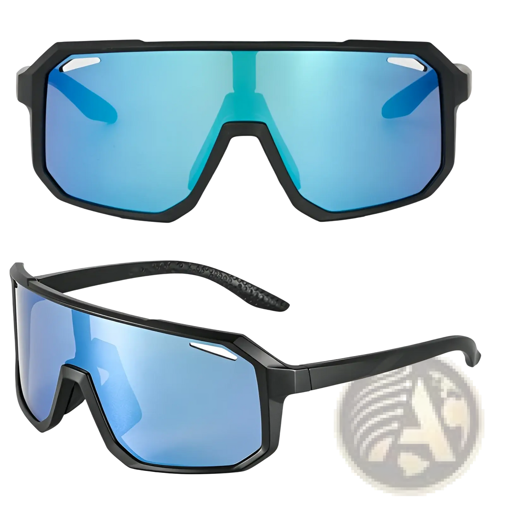 Aerodynamic UV400 sport cycling sunglasses with black frames and reflective blue mirrored lenses in sleek angular design