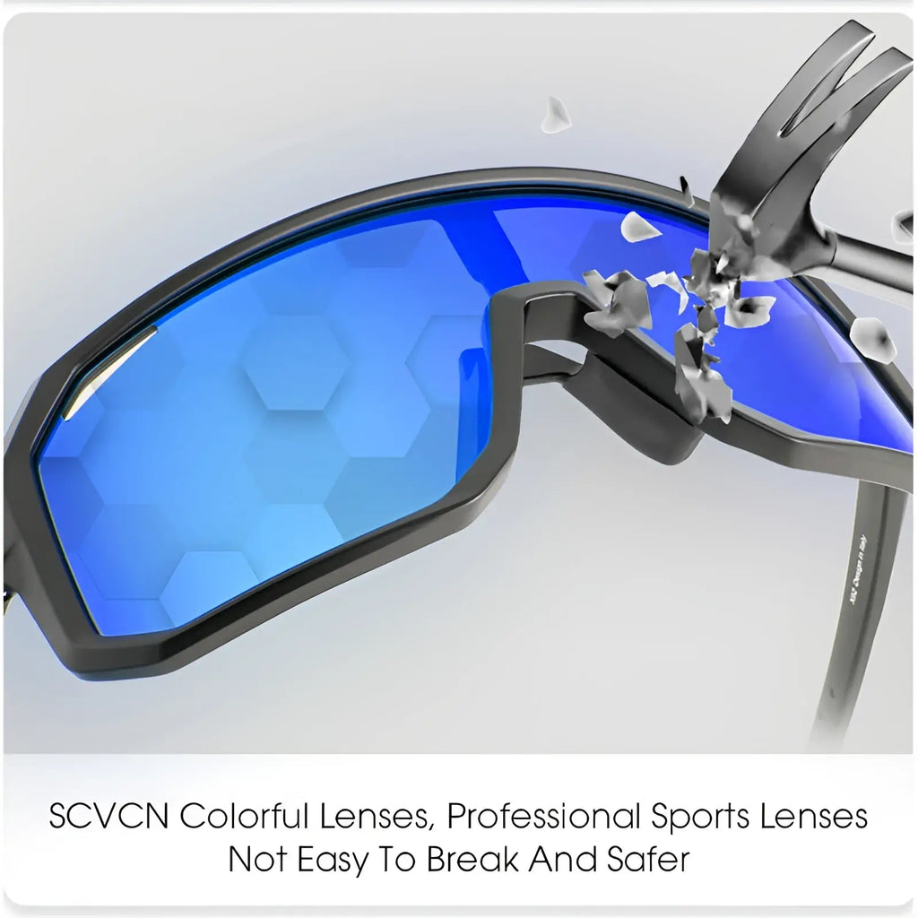 Aerodynamic uv400 sport cycling sunglasses with blue hexagonal mirrored lenses and a black frame
