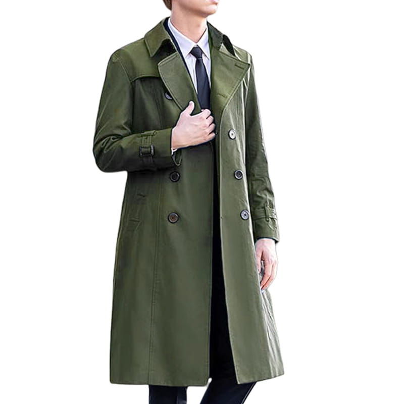 Men solid color long trench coat in olive green with black buttons and a classic double-breasted design.