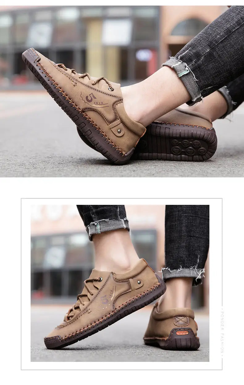 Herren-Lederschuhe im britischen Casual-Stil mit Schnürung aus braunem Leder mit robustem gesticktem Design und dunkelbraunen Gummisohlen.