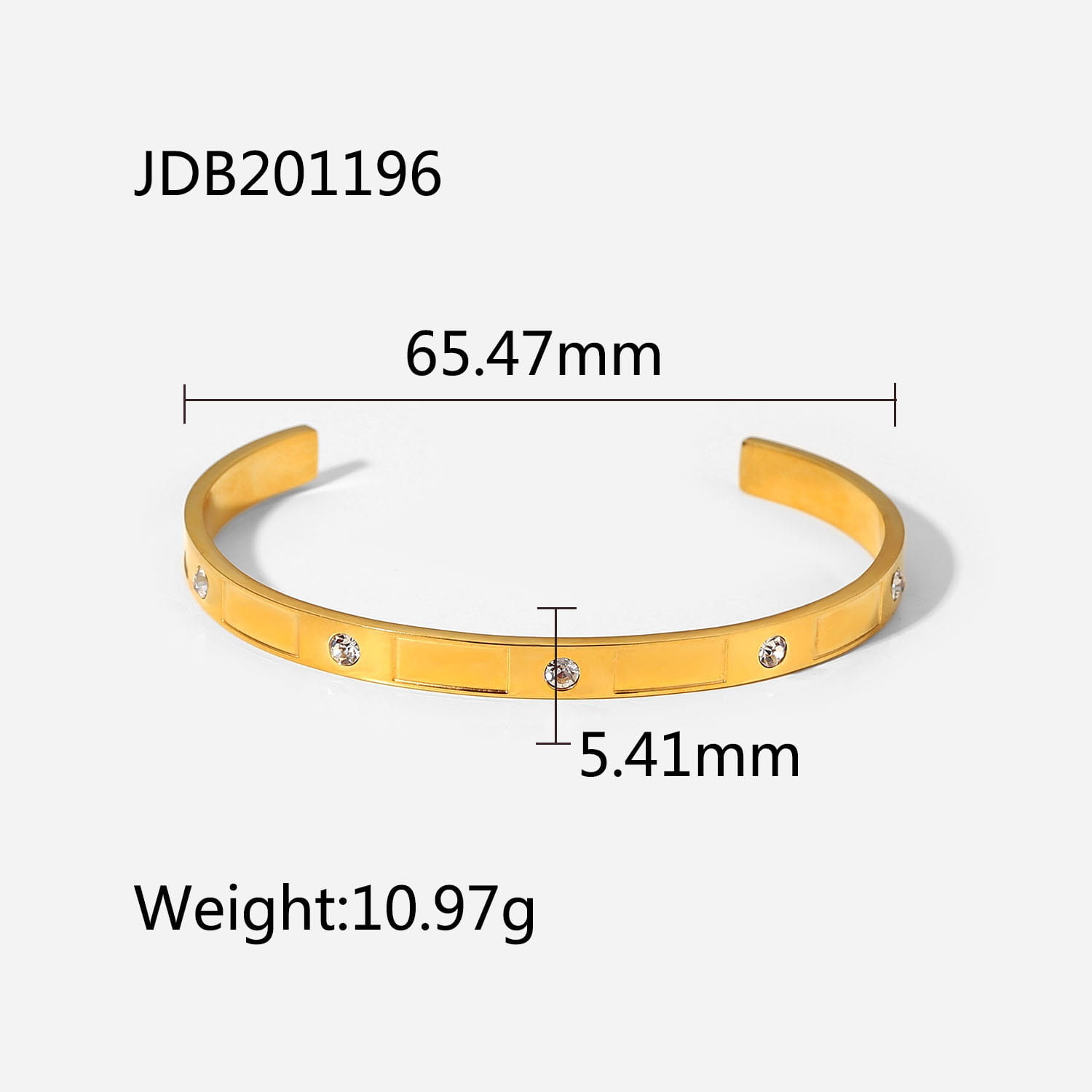 Gold plated stainless steel zirconia gemstone bangle bracelet featuring a gold-toned metal cuff design with sleek rectangular segments and small clear crystals set along its length.