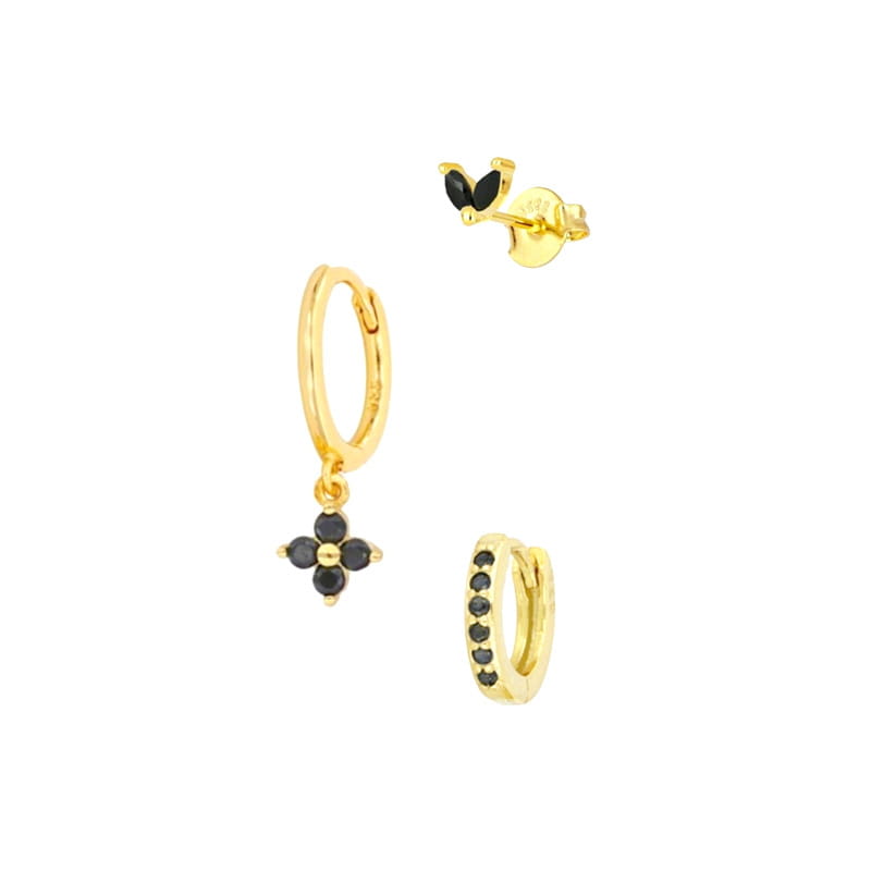 Gold-toned huggie hoop earrings with black gemstones feature a delicate flower design in a floral and butterfly gold hoop earring set with gemstones.