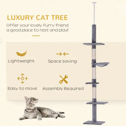 adjustable floor-to-ceiling gray luxury cat tree with multiple platforms and scratching posts designed for cats to rest and play