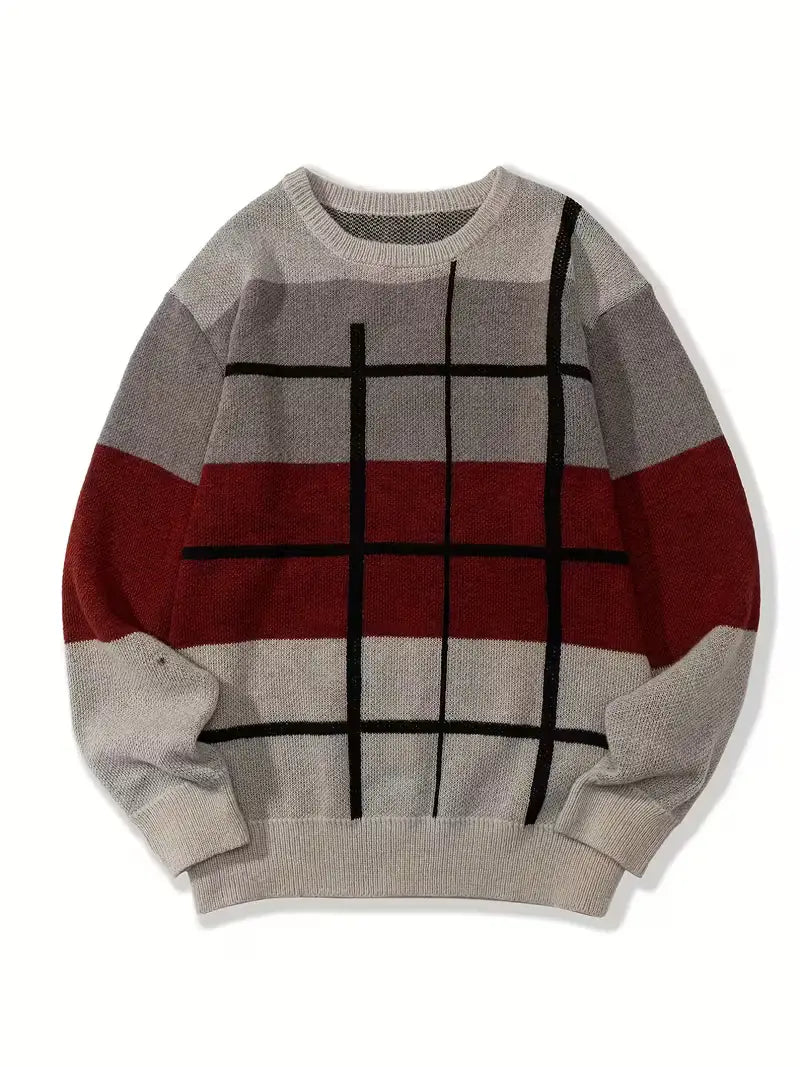 Herren-Halloween-Weihnachtsurlaub-Pullover mit bequemem, übergroßem Strickdesign und markantem geometrischem Muster aus gedämpftem Grau und tiefroten horizontalen Streifen, akzentuiert durch kräftige schwarze Gitterlinien über der Brust.