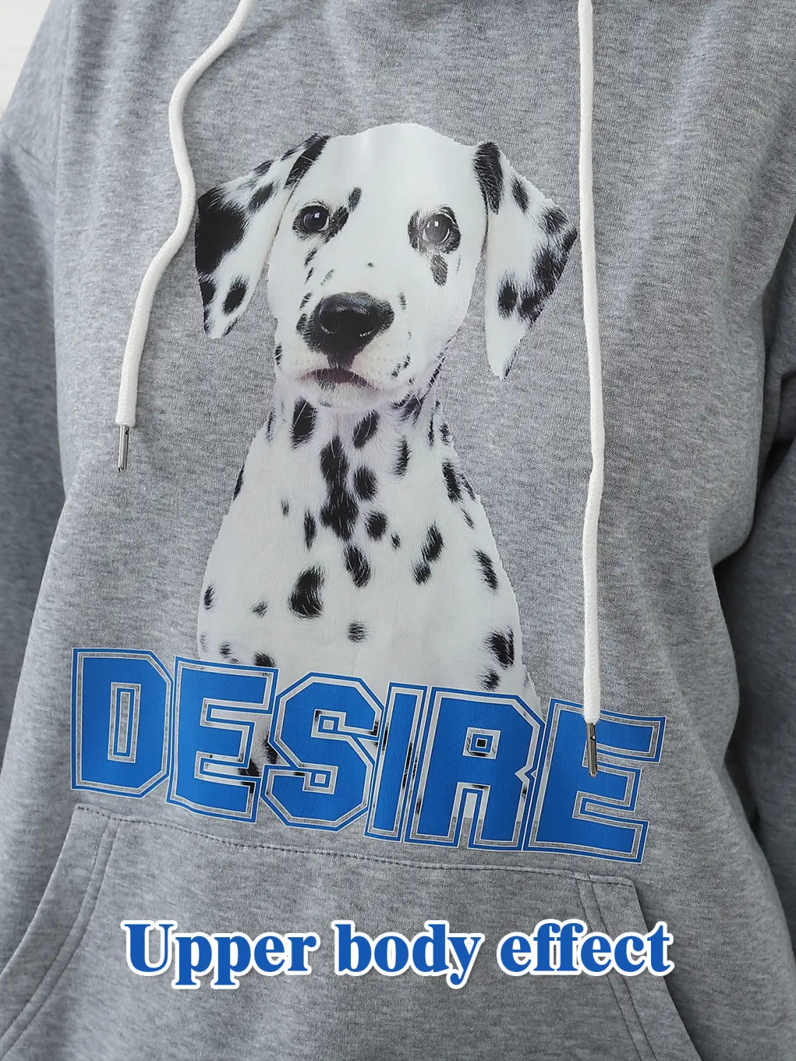 Women’s gray hoodie made of soft fabric featuring a black and white dalmatian puppy graphic and bold blue desire lettering across the chest with a cat ear hood.