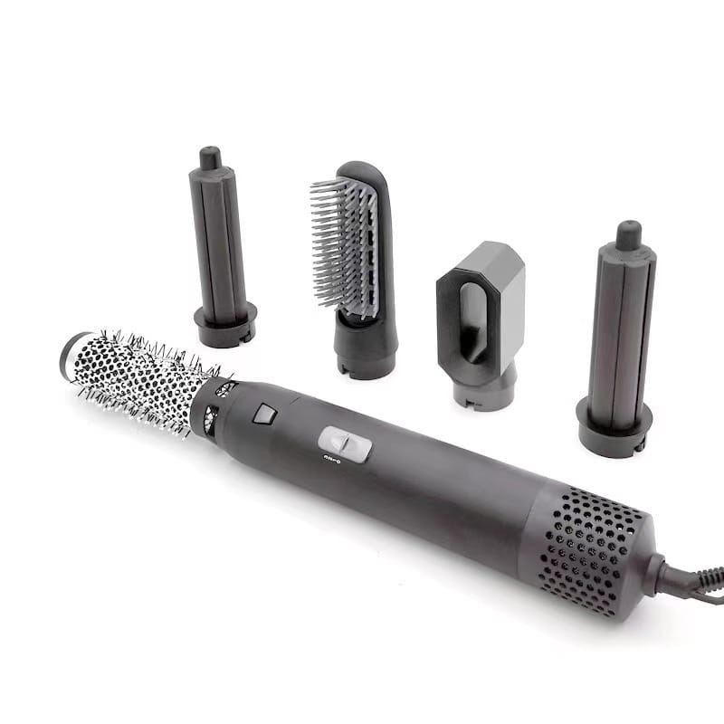 Black multi-functional 5-in-1 hot air comb hair dryer and styler set with interchangeable attachments designed for versatile hair styling.