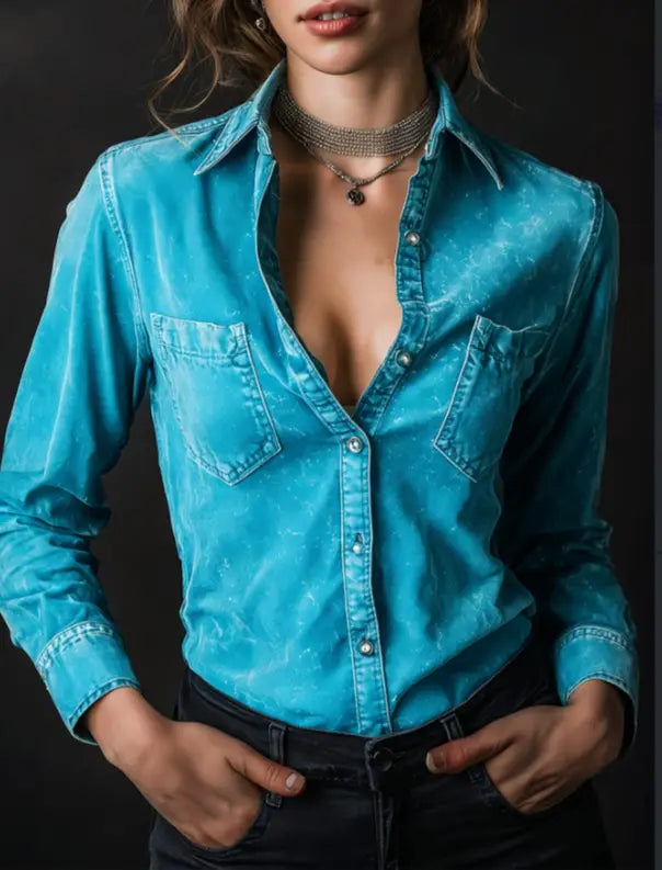Une chemise de type col en denim turquoise déchiré, présentant une couleur éclatante, une texture vintage légèrement usée et un design classique à boutons sur l’avant.