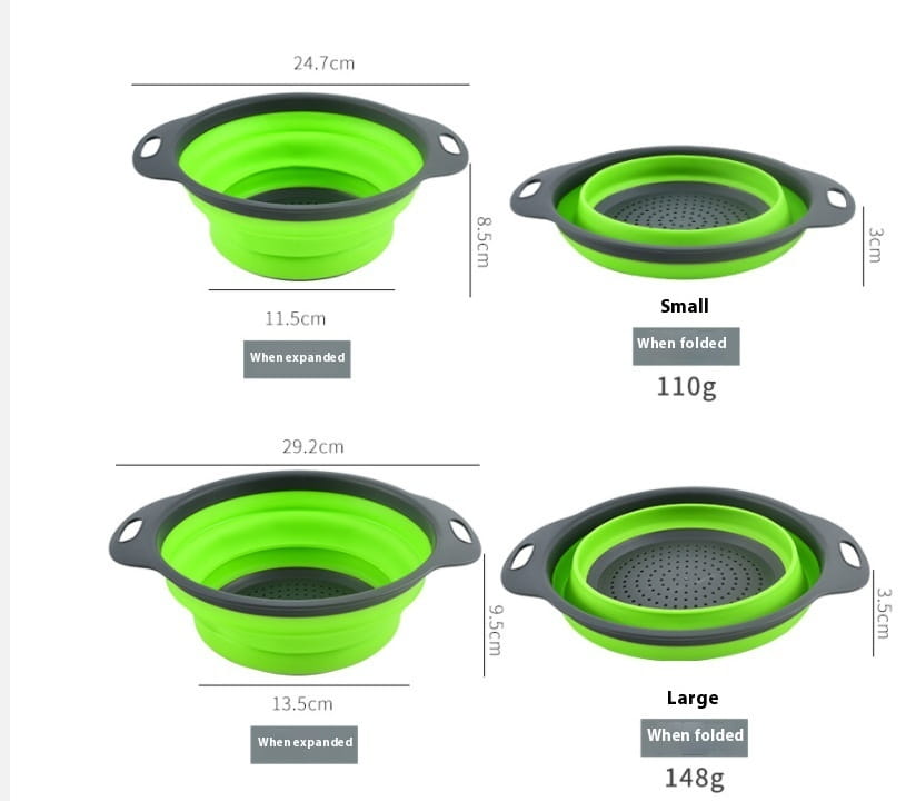 Green and black collapsible silicone colander with a perforated base for efficient draining in a collapsible silicone colander set drain basket.