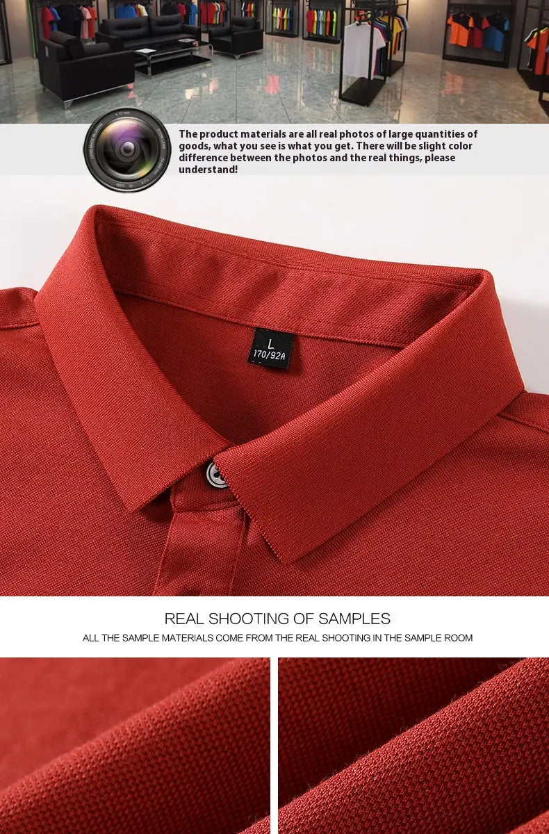 Rotes Baumwoll-Poloshirt für Herren mit Kurzärmeln, strukturiertem Stoff und klassischem Kragen, geeignet für Arbeitskleidung.
