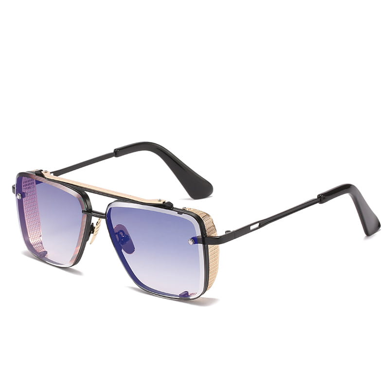 Black and gold-framed retro metal mesh aviator sunglasses with gradient blue-purple uv400 lenses.