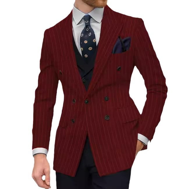 Men double breasted slim suit jacket in rich burgundy with fine vertical pinstripes and dark green buttons.