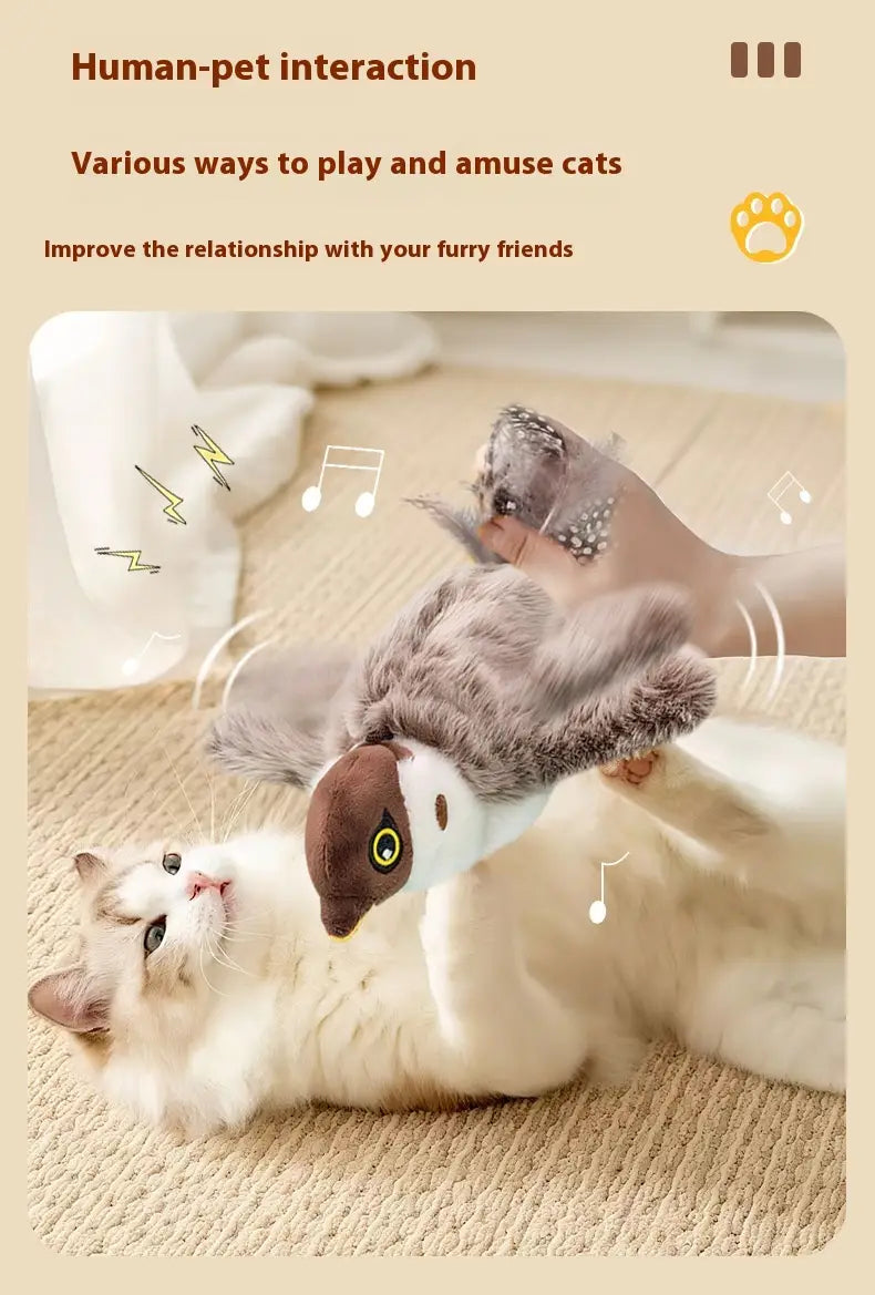 interactive bird cat toy automatic sounding plush sparrow shaped like a plush owl with soft gray and brown fur green eyes and a textured beak