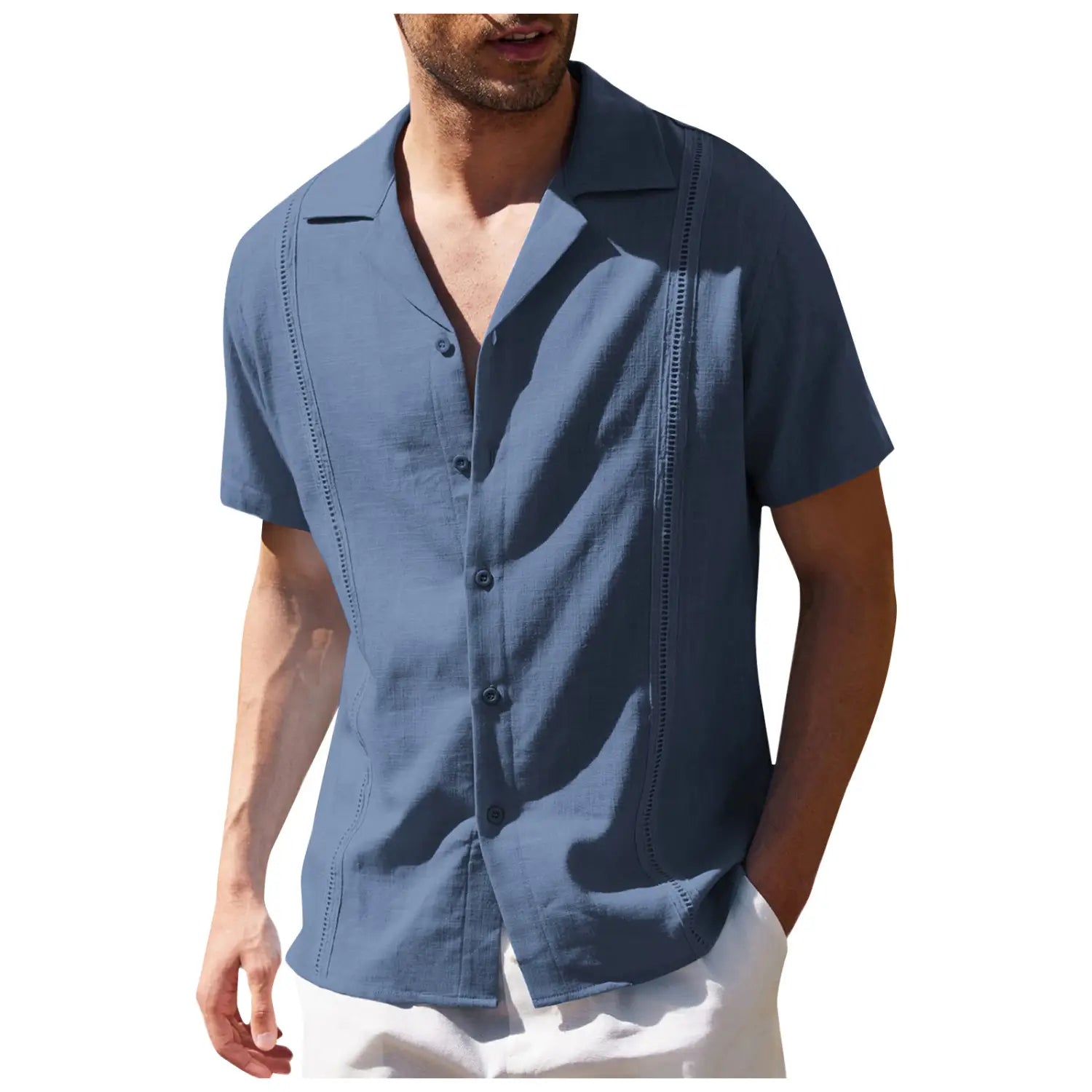 Men’s slim fit embroidered linen short sleeve shirt in solid navy blue with subtle vertical stitching along the front placket and side seams.
