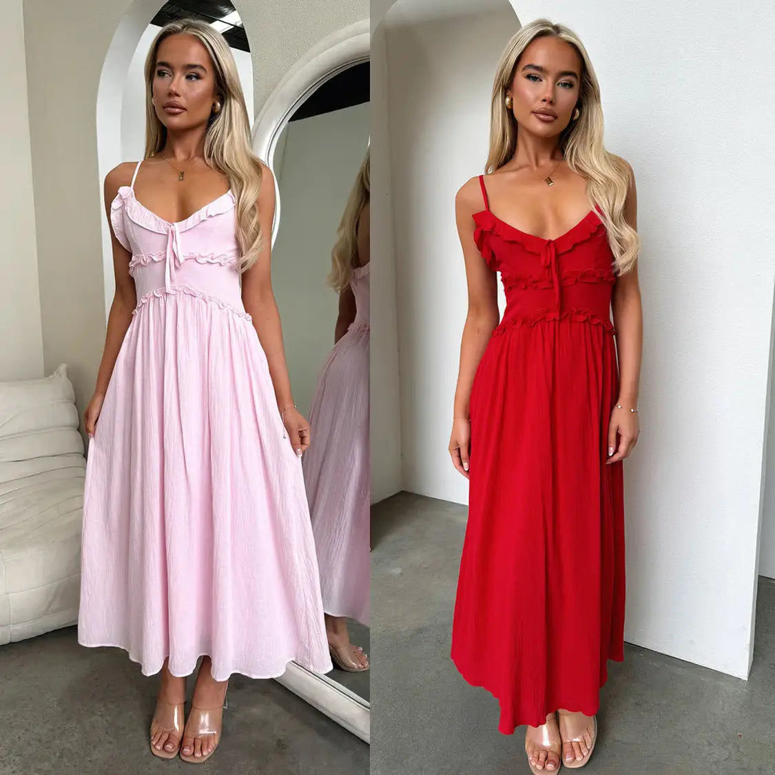 A flowing sleeveless maxi vacation dress with a ruffled neckline and gathered waistband in lightweight fabric.