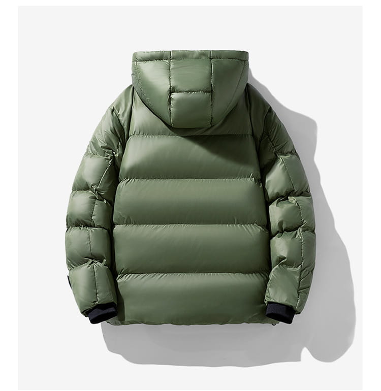 Men’s hooded corduroy puffer jacket plus size in olive green with quilted design and black ribbed cuffs.