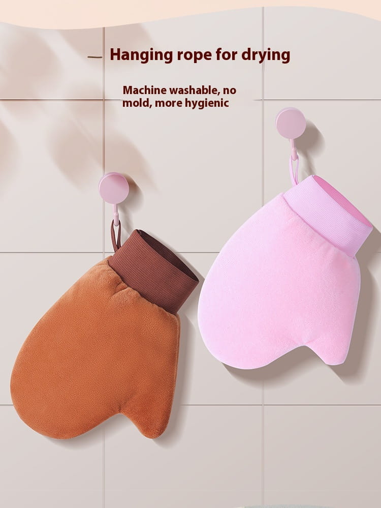 pink and brown silicone tanning mitt and exfoliating bath gloves with soft textured surfaces for gentle exfoliation