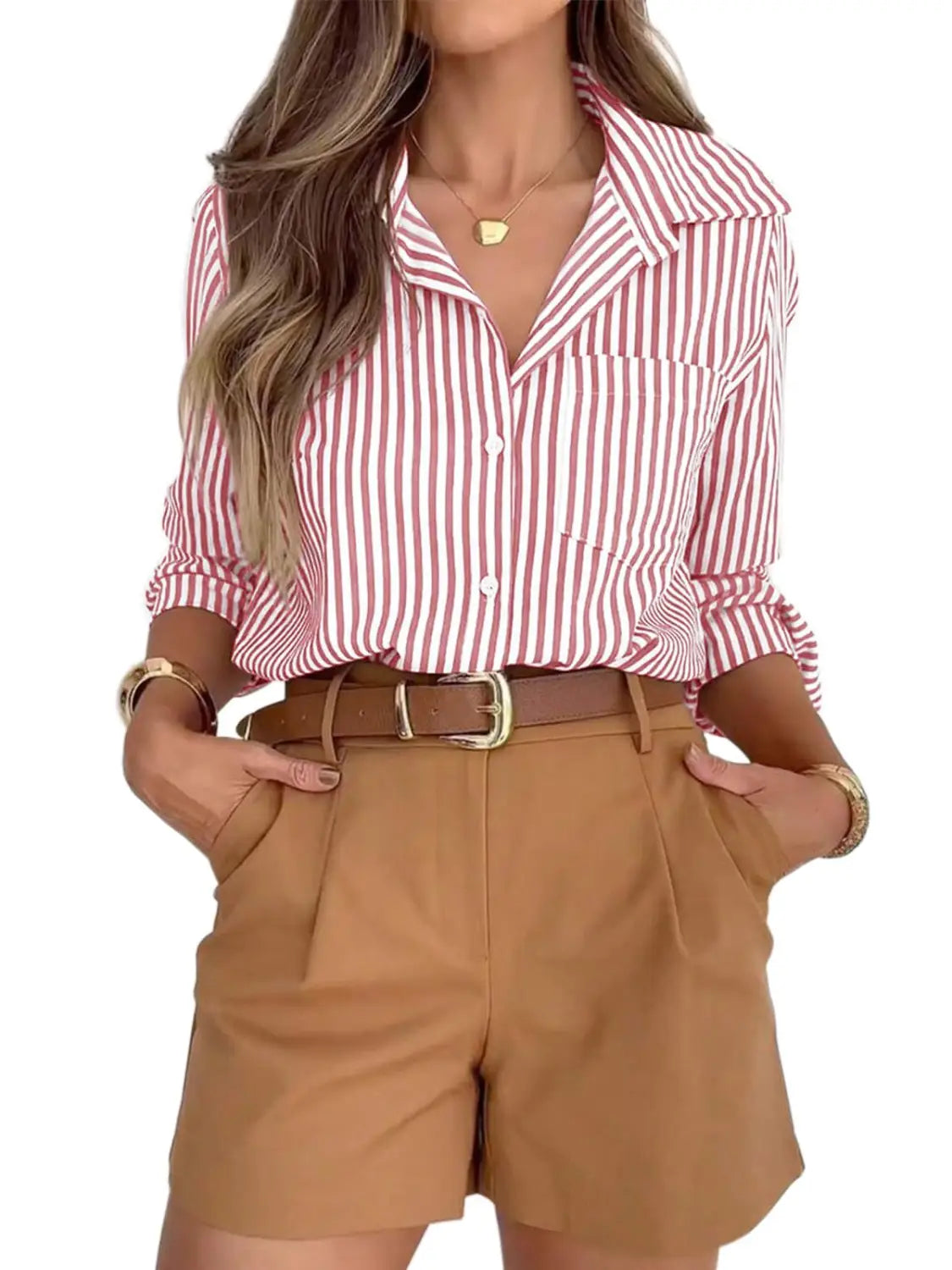 women’s striped long sleeve button up shirt dress featuring pink and white vertical stripes with rolled-up sleeves made from lightweight fabric.