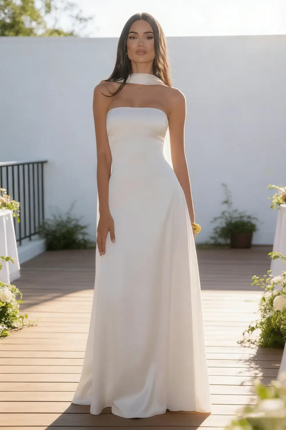 Un vestido de noche de satén blanco sin tirantes, fluido, con escote alto drapeado y un corpiño entallado que se abre en una falda tipo A, elegante.