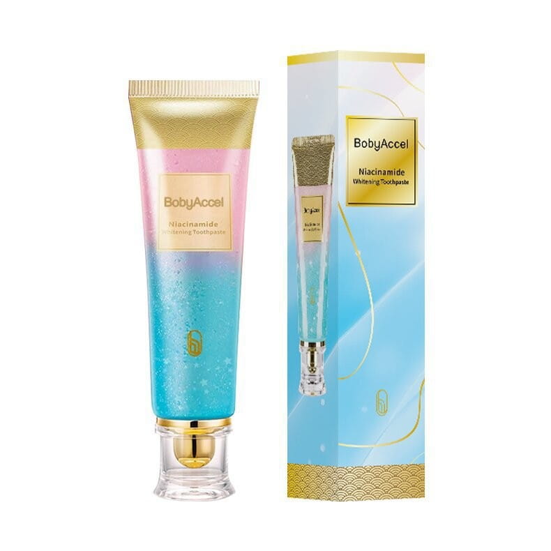 bobyaccel niacinamide whitening toothpaste for men and women in a gradient pink-to-blue squeezable tube with gold accents and clear cap 100g.