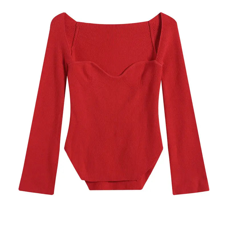 A vibrant red ribbed knit long-sleeved bodysuit with a square neckline and structured fitted silhouette in a ribbed sweetheart neck long sleeve knit pullover design.