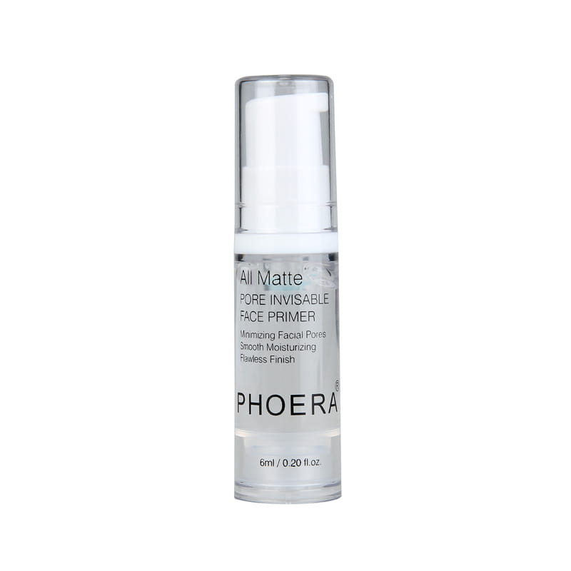 Clear glass bottle with silver pump dispenser labeled all matte pore invisible face primer by phoebe for Phoera matte pore invisible face primer 6ml.