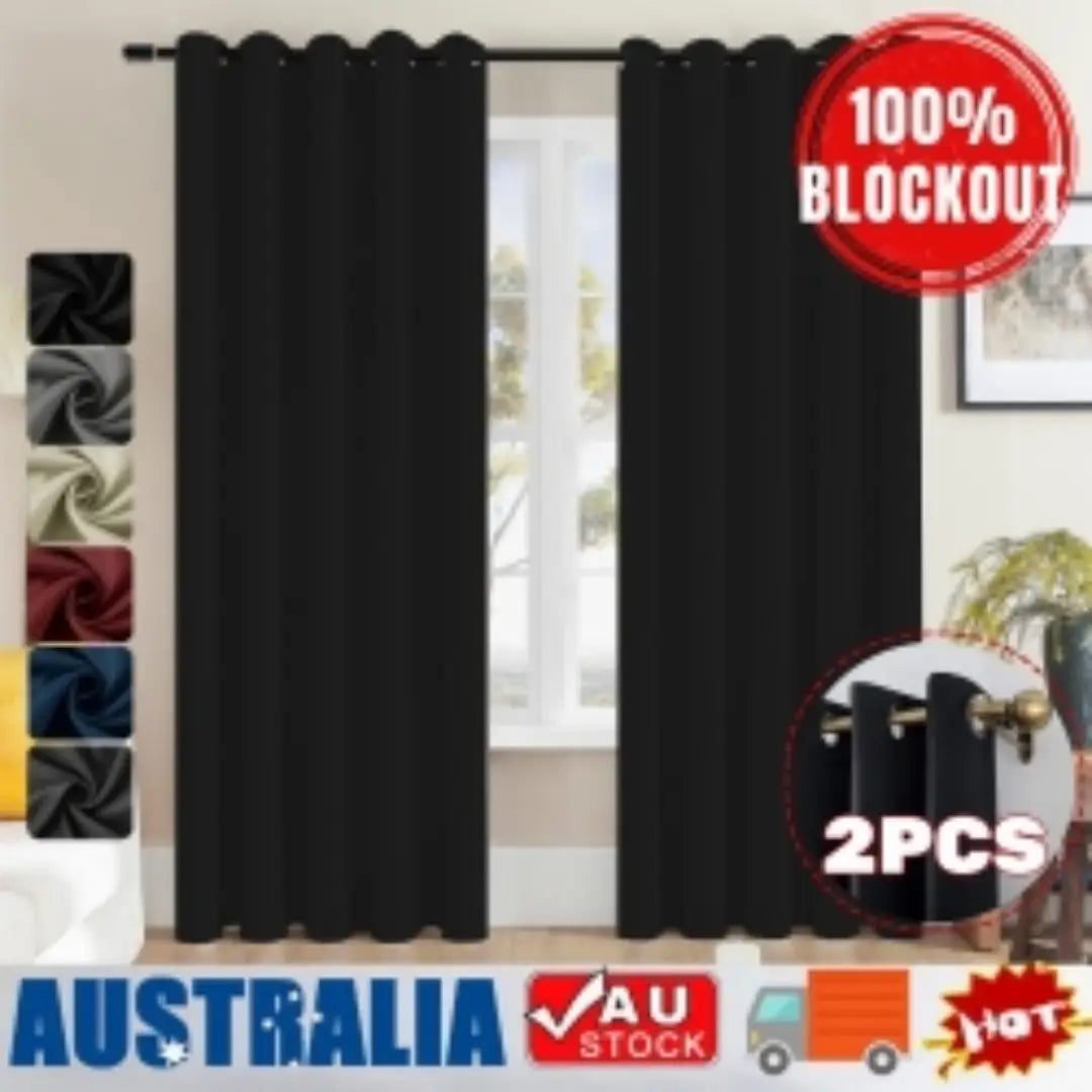 Black blackout curtains 3 layer grommet pair in black with solid smooth fabric and grommet top design measuring 132cm by 114cm.