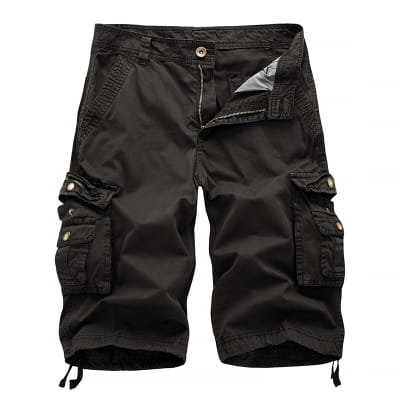 Bermudas cargo en coton noirs pour hommes, dotés de plusieurs poches et de poignets à cordon de serrage réglables pour un ajustement confortable.