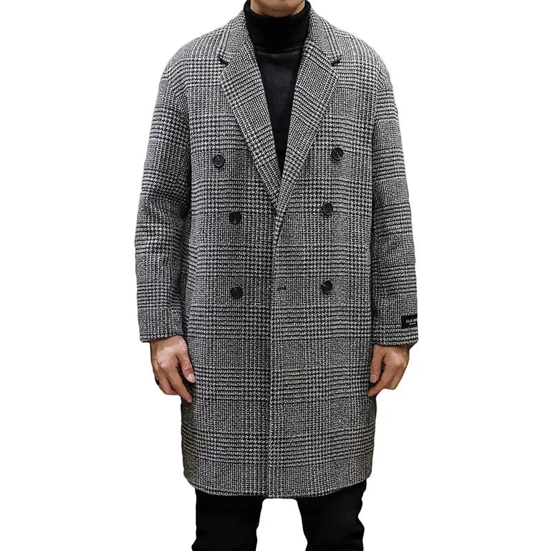Men houndstooth wool double breasted overcoat in gray and black with dark buttons and tailored lapels.