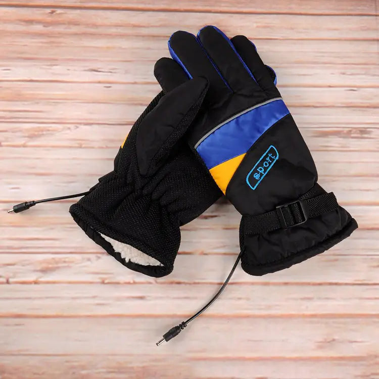 black electric heated gloves for winter sport riding with blue and yellow accents and a sport logo patch on the wrist shown from the back side