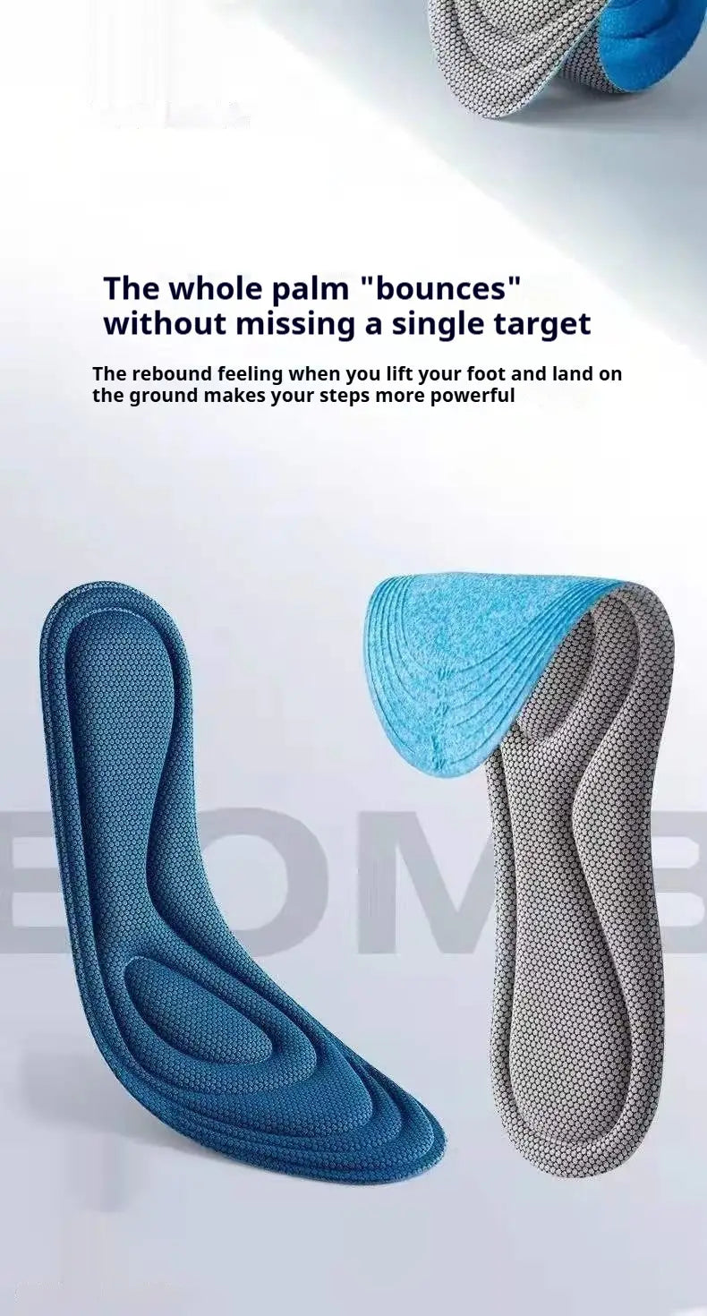 Blue and gray mesh antibacterial massage insole with cushioned shock absorbing arch support.