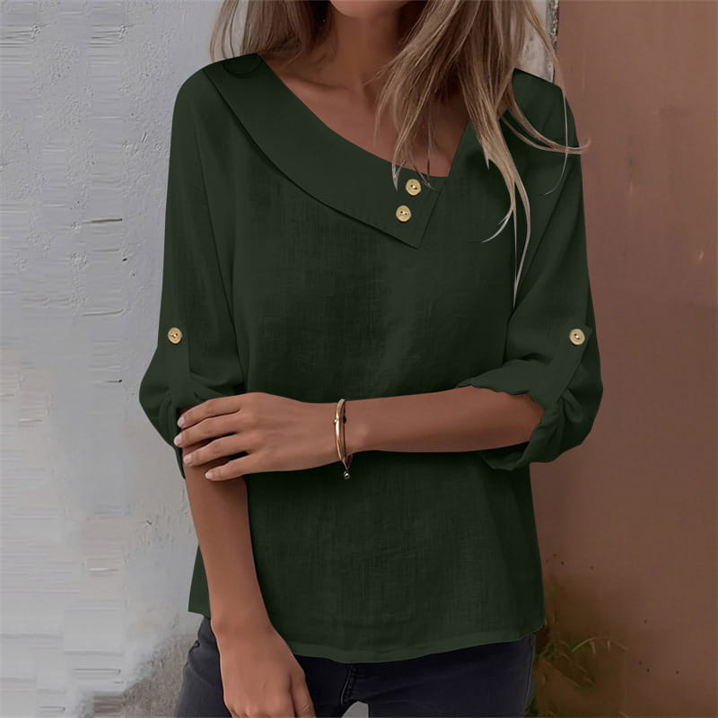Dark green lightweight asymmetric button blouse with a collar and gold-tone buttons at the neckline and cuffs.