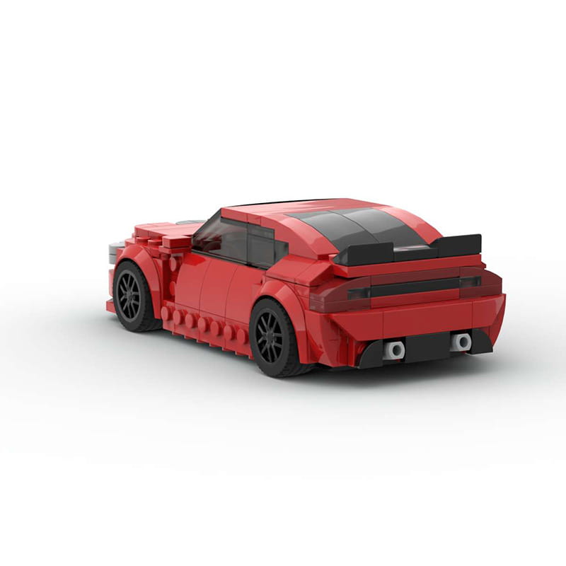 Lego Technic red sports car building blocks featuring a red lego-built sports car with black wheels and spoiler constructed from 249 pieces.