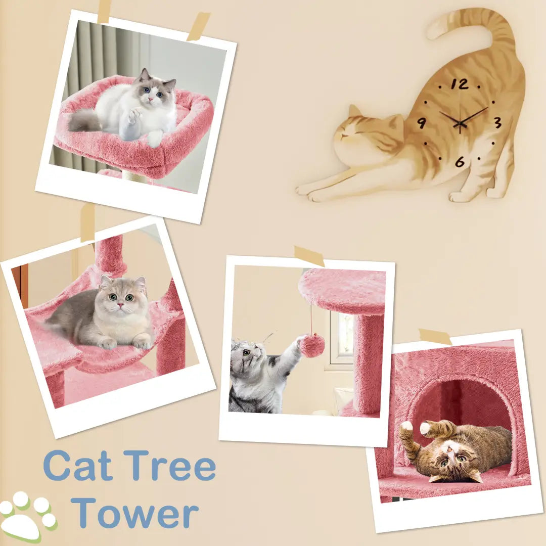 Pink plush 44 inch multi-level cat tree tower with sisal posts featuring multiple platforms and a cozy hideaway for cats.
