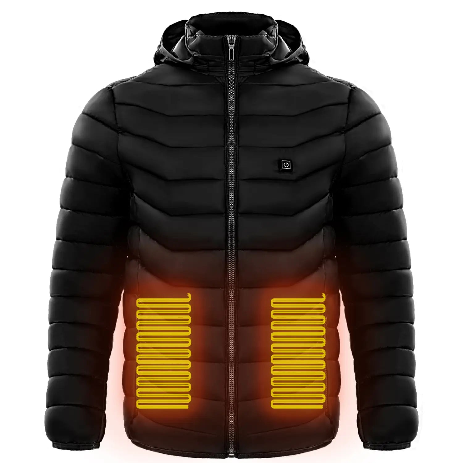 Black unisex 9 zone electric heated hooded puffer jacket with glowing orange heating elements on the lower front.