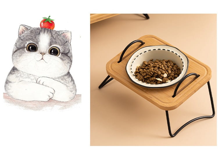 Elevated ceramic cat bowl on a wooden stand with black metal legs featuring a white bowl with a dotted rim filled with dry cat food.