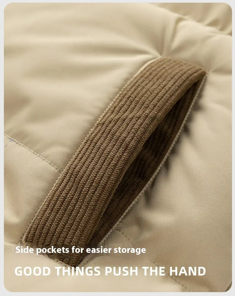 Beige quilted unisex corduroy patchwork puffer jacket with brown ribbed fabric trim on the side pockets and a detachable hood.
