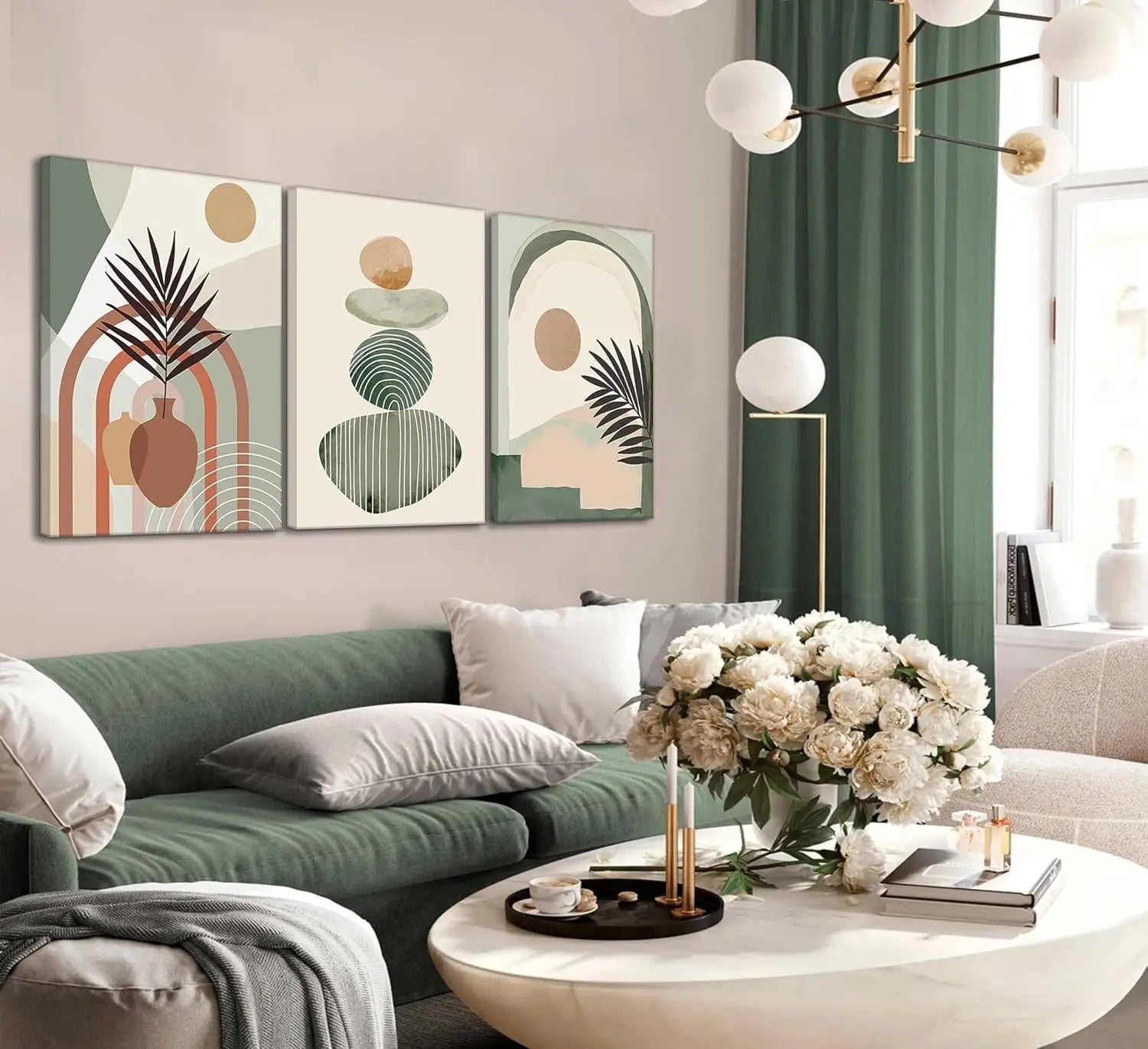 Boho-Abstrakt-Botanische Leinwand-Wandkunst-Set aus drei geometrischen Tafeln mit erdigen Tönen und botanischen Motiven, gemessen 12 mal 16 Zoll.