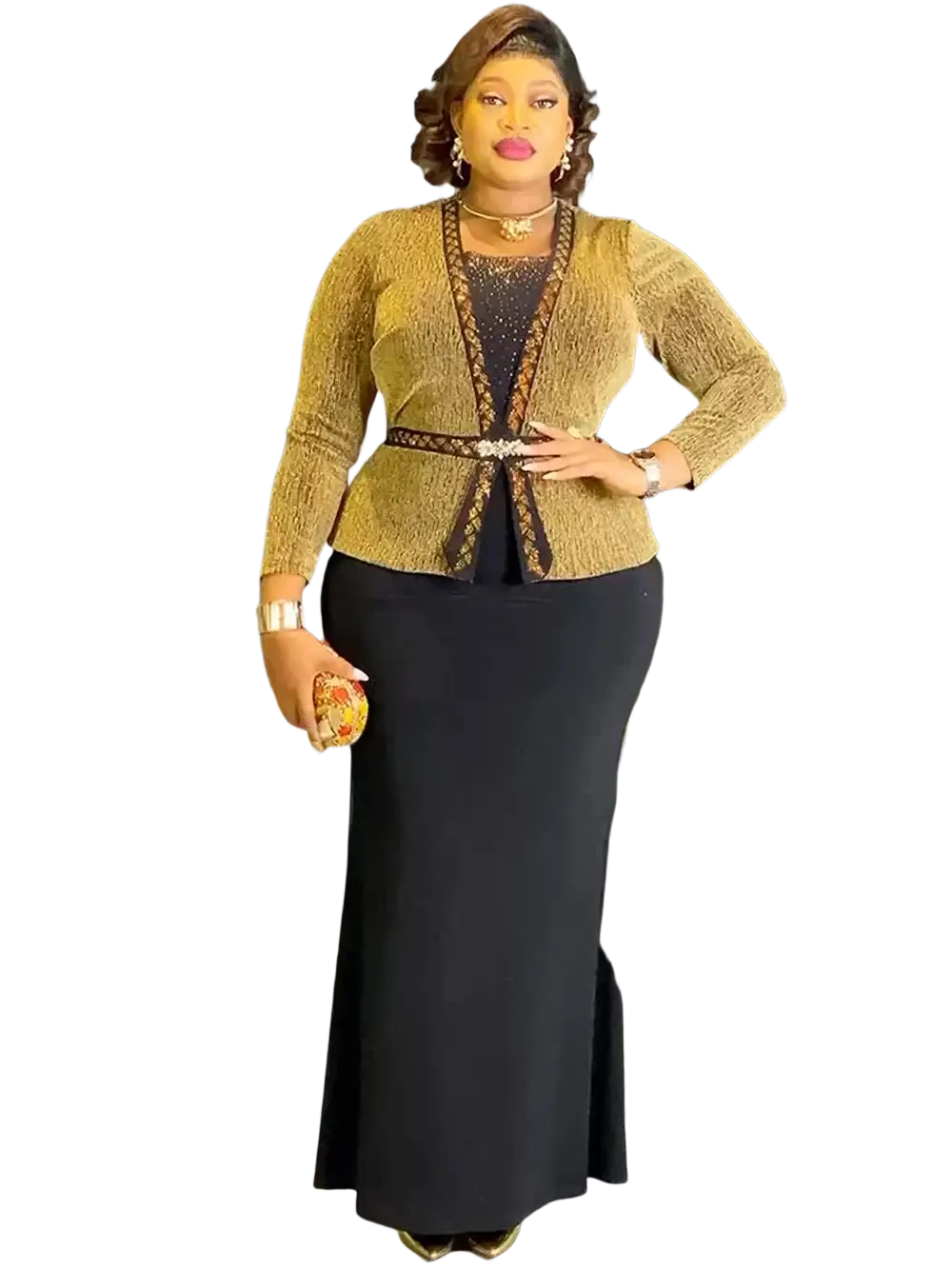 Gold textured cardigan with black lace trim and beaded belt detail complementing african mermaid evening dress crystal maxi gown