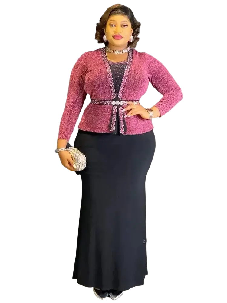 A sparkling pink textured cardigan with decorative belt and matching trim for african mermaid evening dress crystal maxi gown